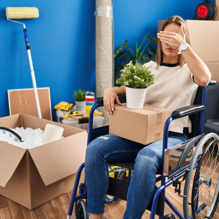 NDIS Decluttering support helping a person organise belongings and prepare boxes during a home move.